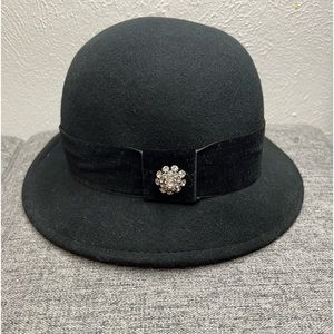 Scala Pronto Womens Vintage Wool Black Felt Bucket Hat Rhinestone Embellished